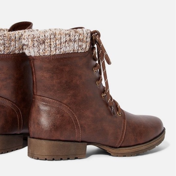 Brown Sweater Cuff Lace Up Ankle Boot - Picture 3 of 15